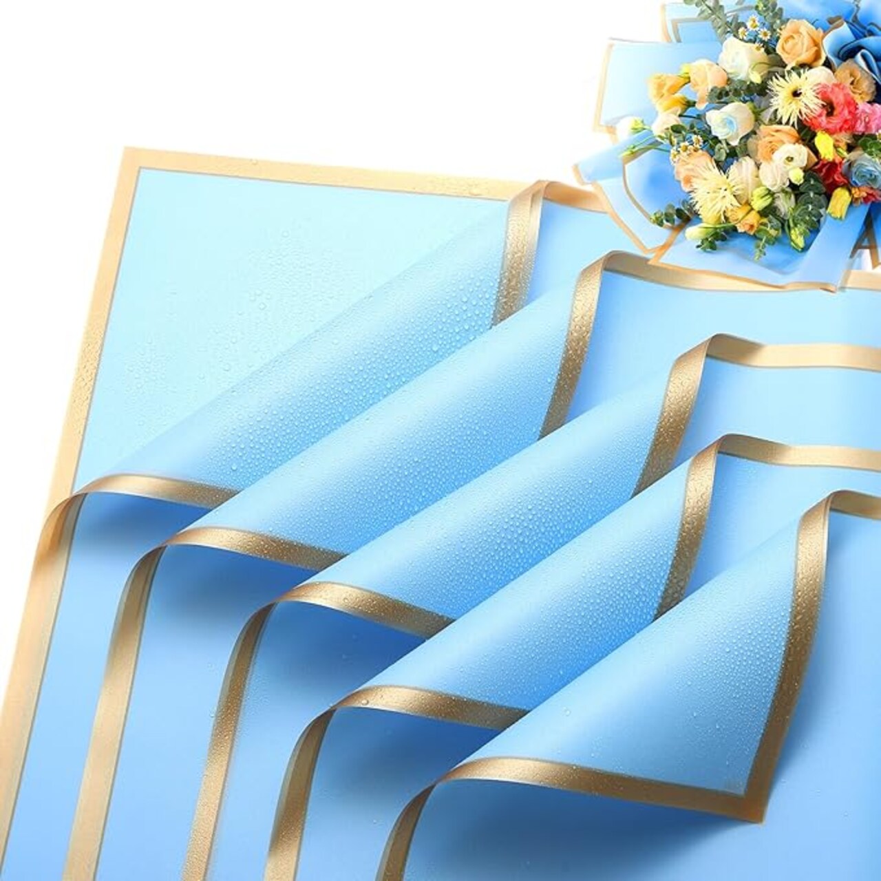 waterproof floral wrapping paper for bouquets,DIY Florist Supplies Packaging Paper with satin ribbon for Wedding,Birthday,Valentine's Day(Blue